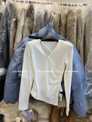 MH家 2025秋冬韩版宽松显瘦百搭V领斜杠加绒长袖打底衫女上衣