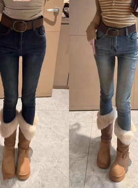 MH家 2025秋冬新款韩版复古宽松显瘦百搭高腰牛仔裤女加绒加厚