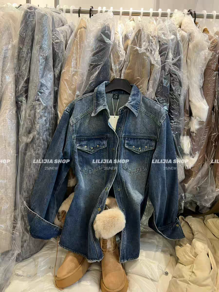 MH家 2025春季新款韩版宽松休闲百搭复古牛仔衬衫外套女上衣