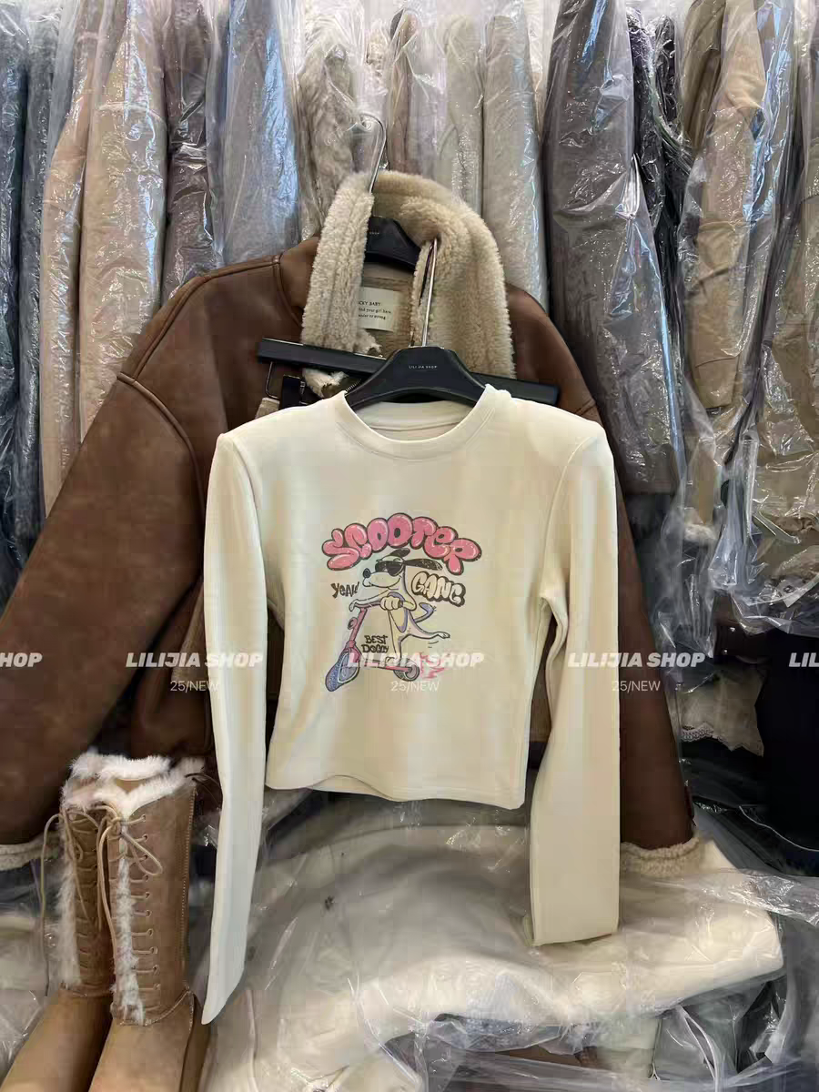 MH家 2025秋冬新款时尚百搭宽松显瘦圆领卡通印花长袖T恤女上衣