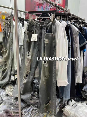 MH家 美式乞丐破洞个性直筒牛仔裤女2025年夏季新款高腰阔腿裤