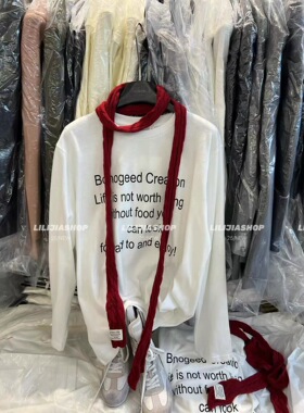 MH家 2025秋季新款韩版字母印花圆领长袖T恤女配针织围巾t