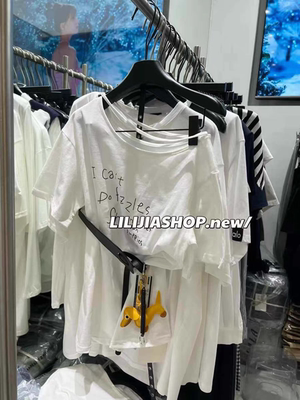 MH家 2025夏季新款韩版时尚百搭显瘦斜领露肩短袖T恤女配腰带