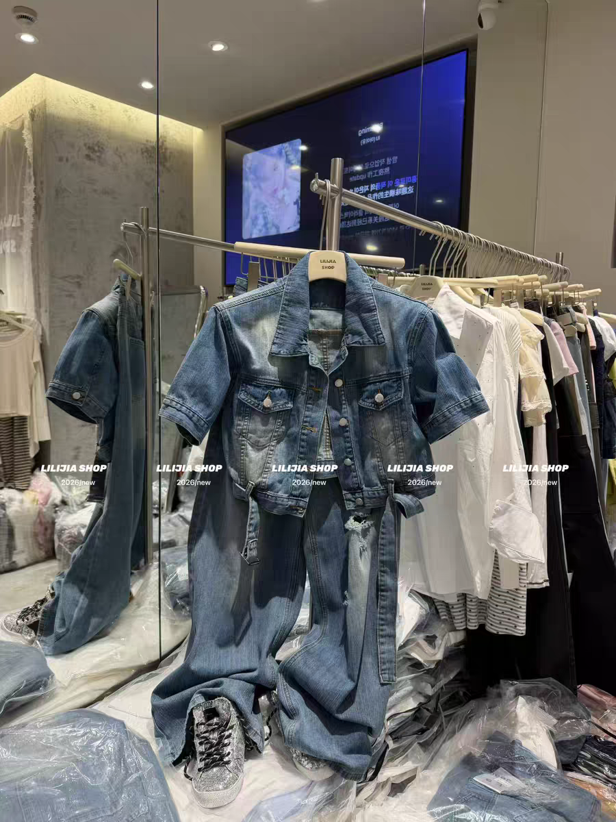 MH家 韩版百搭宽松显瘦设计感小众短袖牛仔上衣+牛仔破洞裤套装