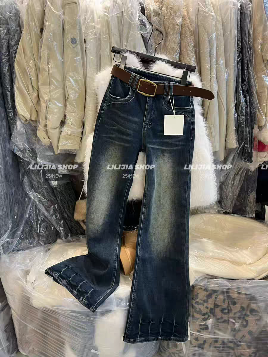 MH家 复古微喇叭牛仔裤女2025冬季小个子美式猫须抓绒微喇叭裤