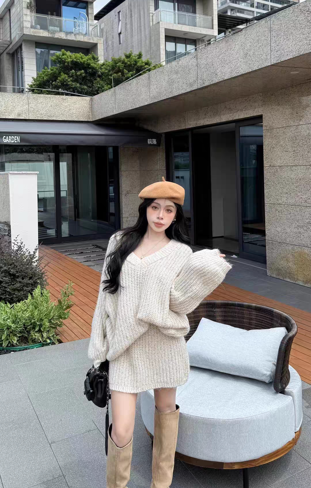 MH家 韩系V领上衣针织衫女氛围毛衣小个子慵懒感半裙套装
