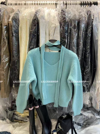 MH家 2025秋新款韩版时尚百搭宽松显瘦V领针织开衫配围脖