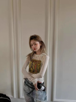 MH家 2026年春季新款字母印花弹力修身长袖打底衫女潮