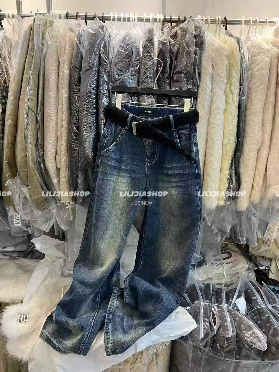 MH家 美式复古高腰宽松阔腿腰带牛仔裤女2025磨毛深蓝色直筒裤