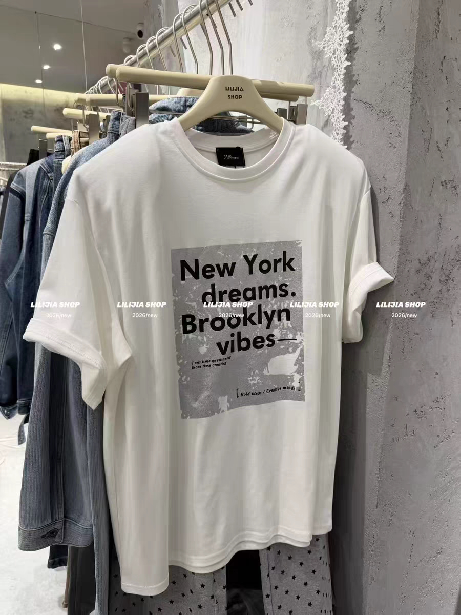 MH家 2026新款韩版时尚百搭显瘦圆领字母印花短袖T恤女宽松上衣