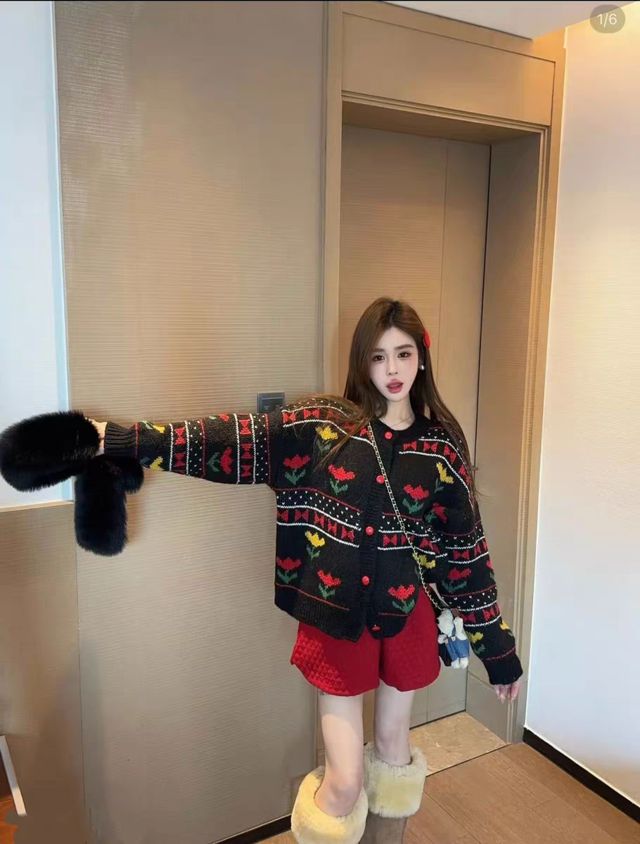 MH家 复古提花针织开衫女2025冬慵懒风宽松软糯毛衣外套上衣