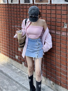 MH家 韩国东大门2024夏季新款毛边系带牛仔短裙裙裤女