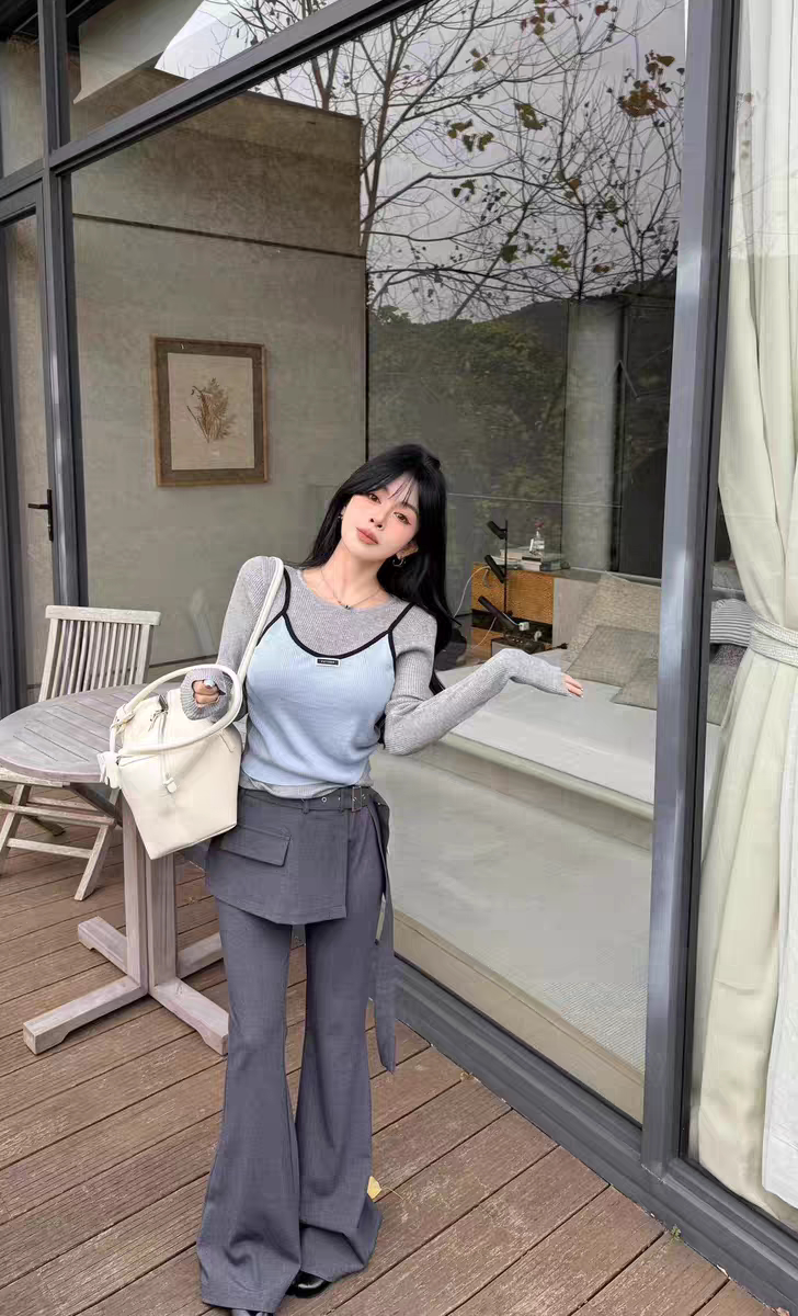 MH家 2026新款韩版时尚百搭显瘦高腰西装屁帘腰带微喇裤女