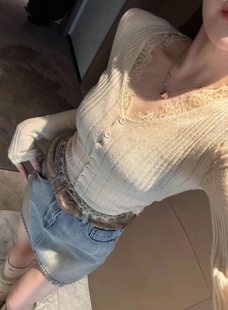 2025冬新款韩版气质蕾丝花边V领长袖针织衫短款开衫毛衣女