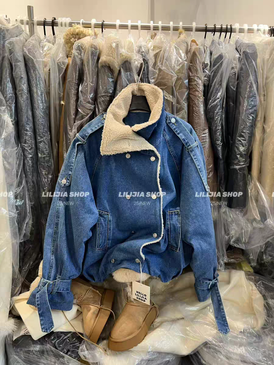 MH家 2025秋冬新款时尚百搭翻领宽松羊羔毛牛仔外套女短款上衣