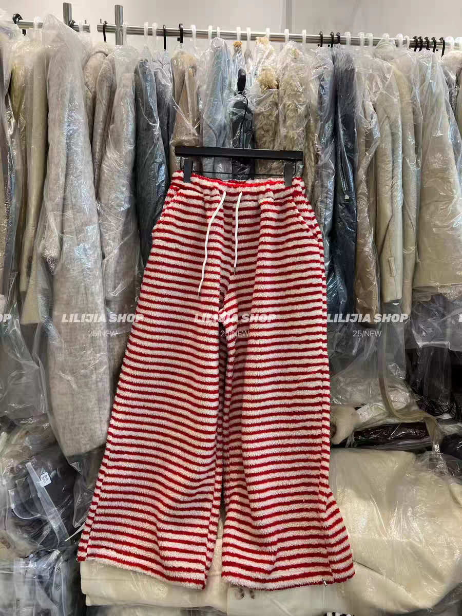 MH家 2025冬新款女装新款休闲羊羔毛条纹松紧腰抽绳休闲阔腿裤,女装/女士精品,卫裤,淘宝优惠券,粉丝福利购,淘宝优惠卷