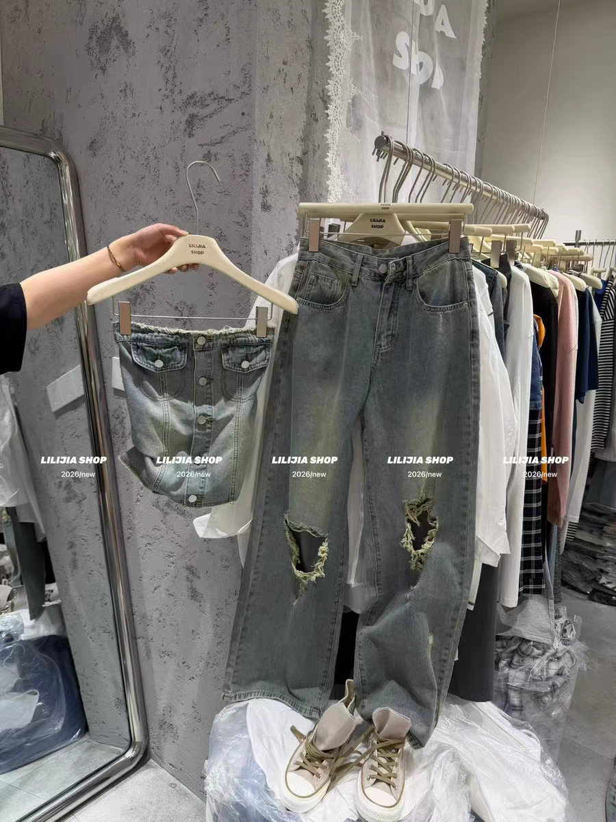 MH家 复古气质性感辣妹修身抹胸上衣女破洞牛仔裤时尚两件套装