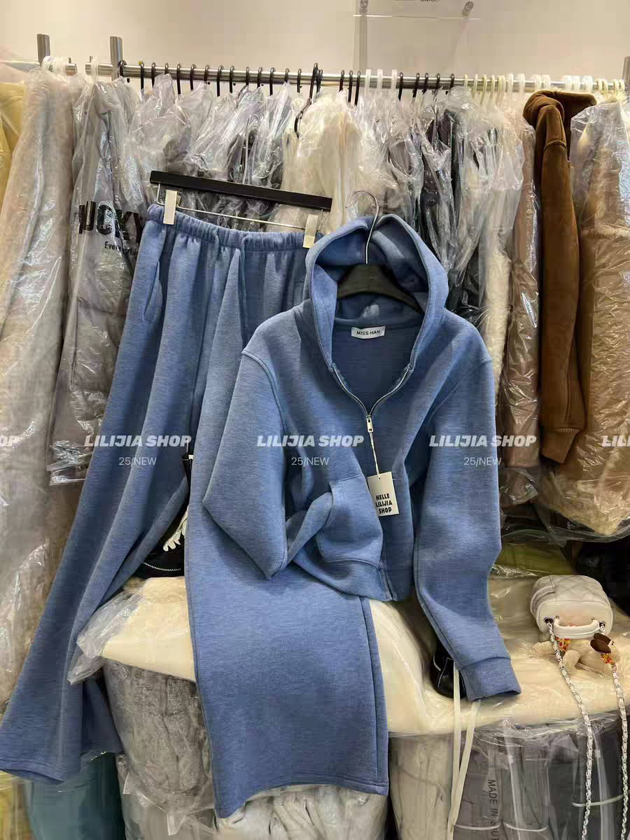 MH家 2025冬新款韩版时尚百搭宽松双面绒连帽卫衣+休闲裤两件套