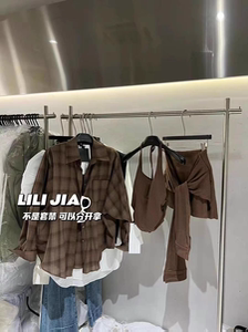 MH家 韩国2024秋新款时尚套装女格子衬衫+吊带背心+短裙三件套