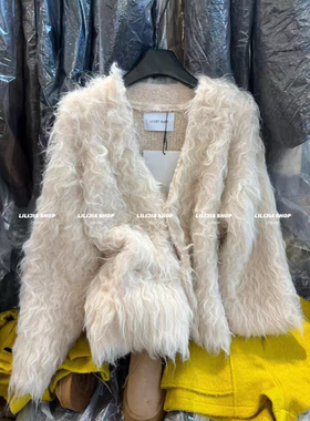 MH家 韩系环保卷卷长毛慵懒感开衫女冬新款百搭V领加厚保暖外套