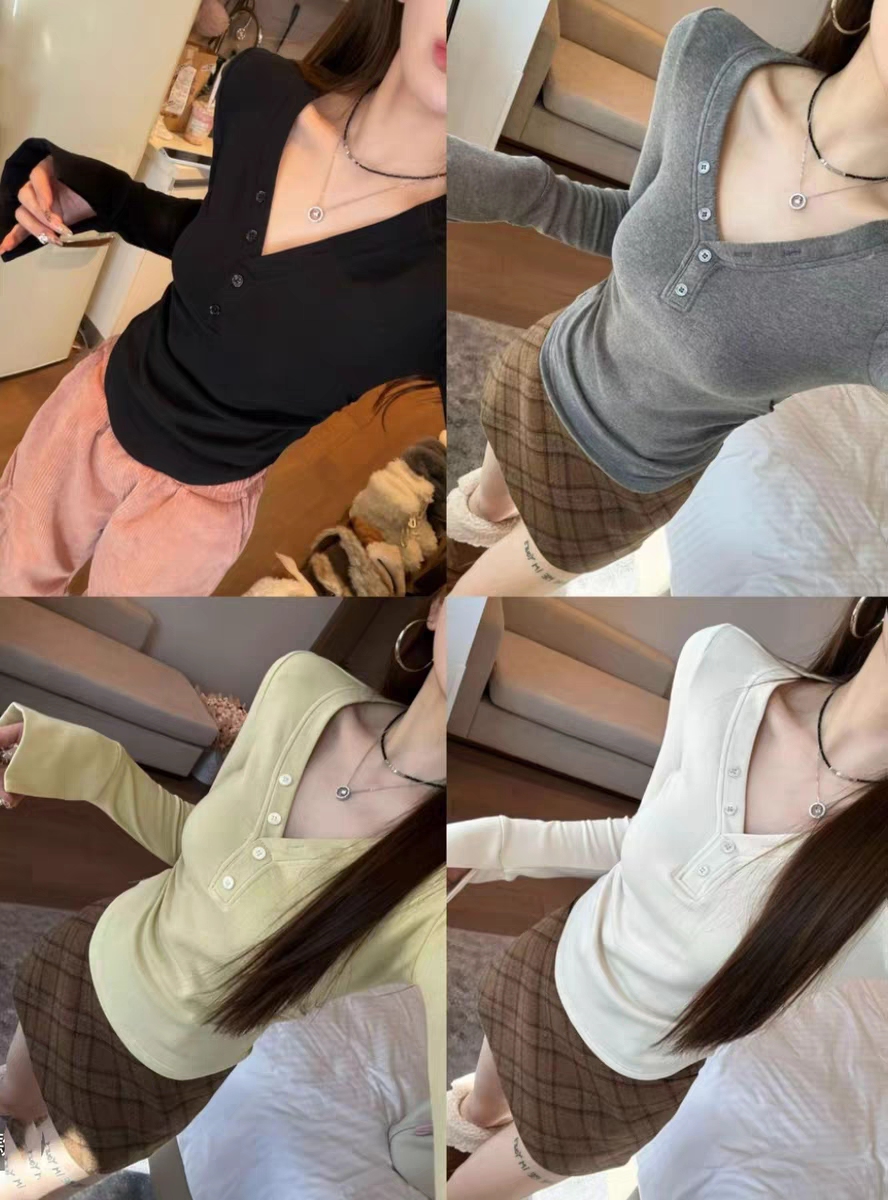 MH家 韩国2025冬季韩版修身显瘦v领加绒长袖T恤女打底衫上衣