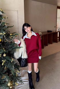 MH家 2025冬学院风翻领衬衫拼接慵懒毛衣高腰包臀短裙时尚套装