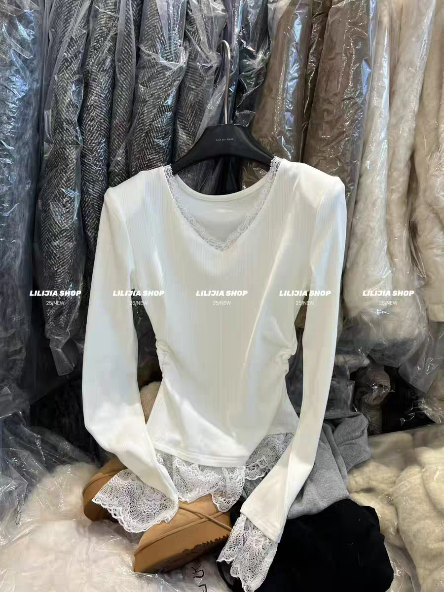 MH家 2025冬季新款韩系设计感蕾丝拼接v领上衣女修身加绒t恤