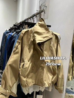 MH家 高级立领短款双排扣风衣女欧货秋季英伦风显瘦卡其色外套