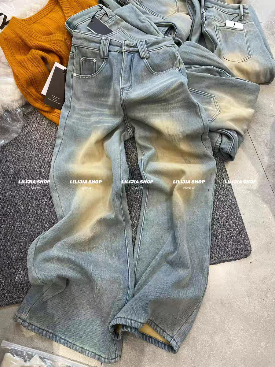 MH家 设计感浅蓝色水洗落日晕染牛仔裤女冬高腰加绒百搭阔腿裤