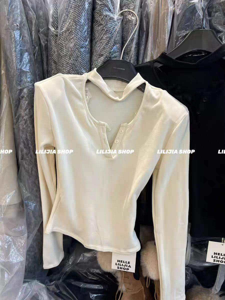 MH家 纯欲挂脖蕾丝拼接U领长袖显瘦打底衫女冬新款紧身加绒t恤