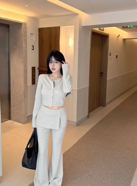 MH家 2025秋冬韩版时尚百搭显瘦开衫+高腰显瘦裙裤微喇叭裤套装