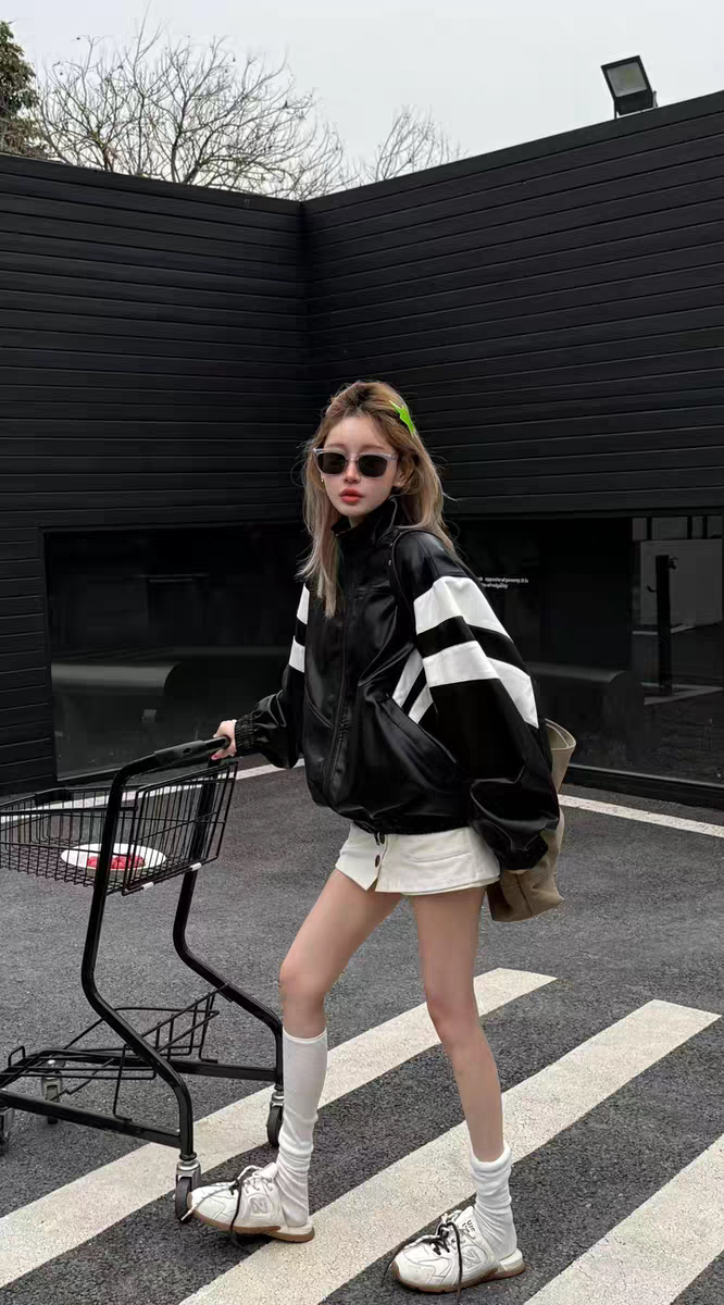 MH家 2026年春季新款垫肩宽松洋气pu皮外套拼白色杠皮衣女潮