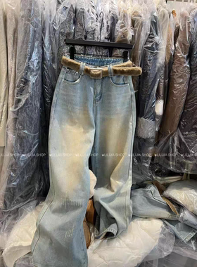 MH家 复合绒加厚牛仔裤女2025秋冬新款毛毛腰带宽松阔腿裤女