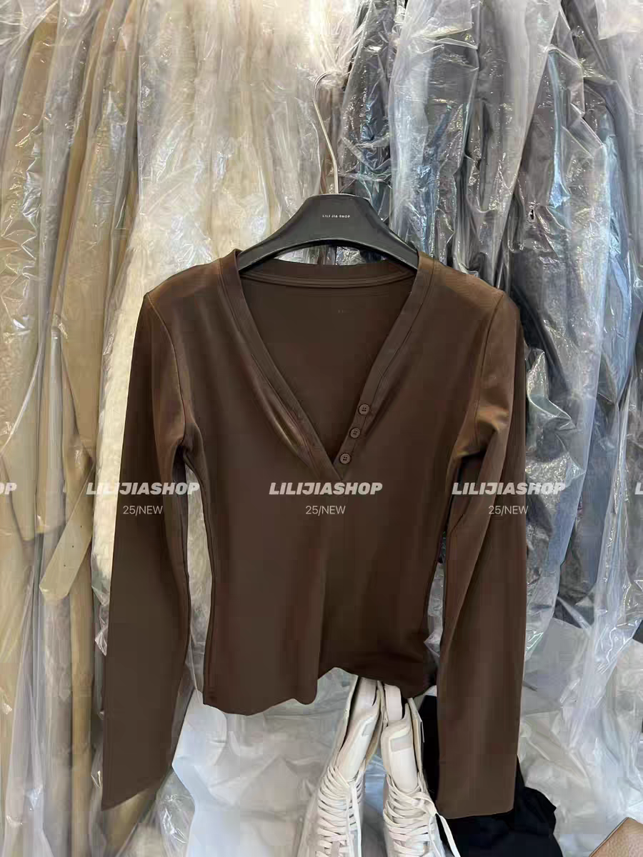 MH家 2025秋冬新款时尚百搭宽松显瘦V领长袖T恤女打底衫上衣