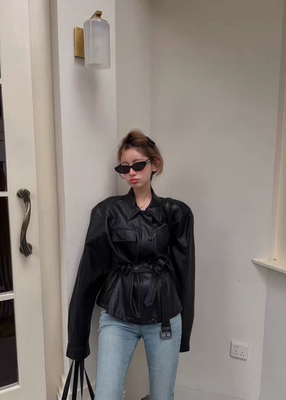 MH家 2026春季新款女时尚翻领系带洋气机车短款时尚皮衣外套