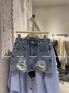 高腰显瘦百搭牛仔裙女宽松磨破破洞半身裙 韩版 MH家 2026春新款