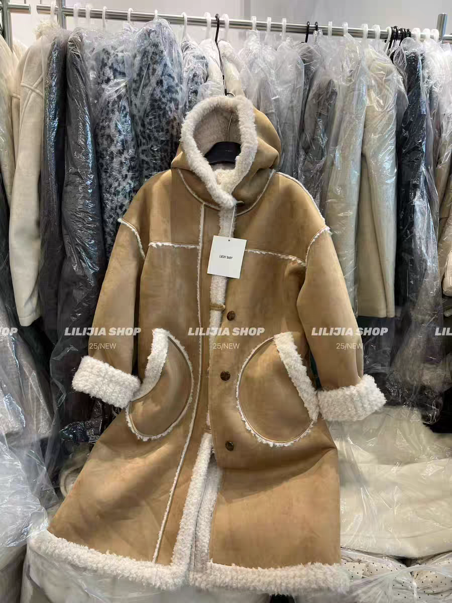 MH家 2025冬新款韩版时尚百搭宽松显瘦连帽皮毛一体长外套大衣