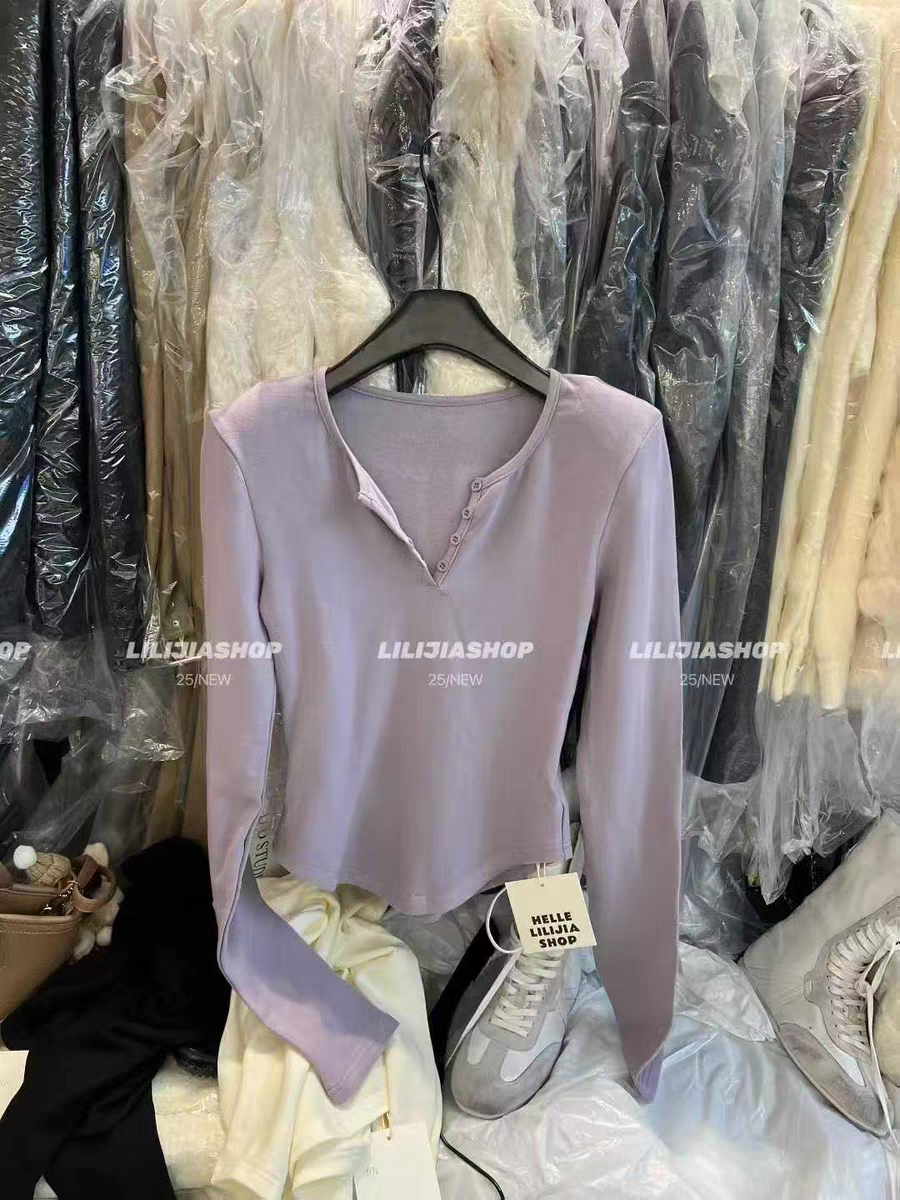 MH家 2025秋冬新款韩版时尚百搭显瘦V领扣子长袖T恤女打底衫