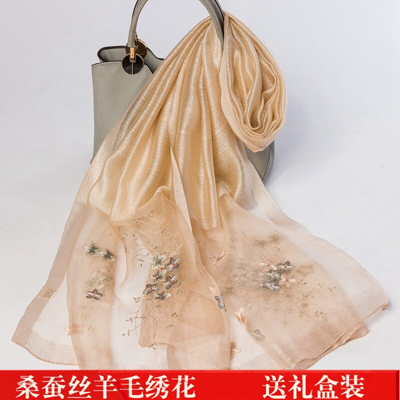 女真丝桑蚕丝丝巾长款刺绣围巾披围巾/丝巾/披肩