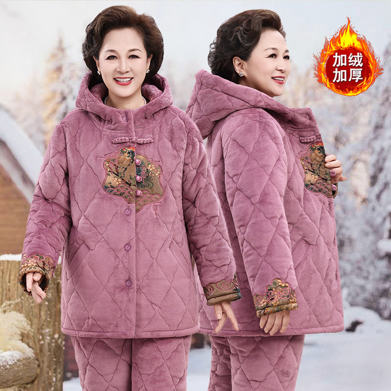 冬季特厚三层夹棉中老年睡衣女