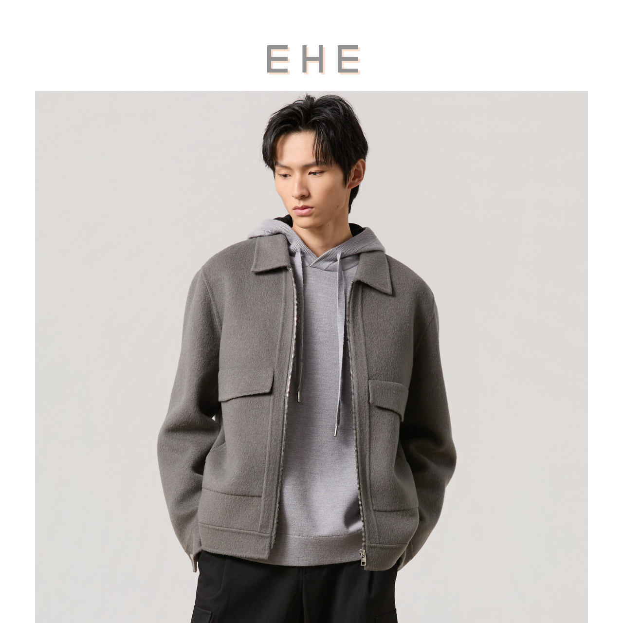 EHE男装100%羊驼毛混羊毛短大衣