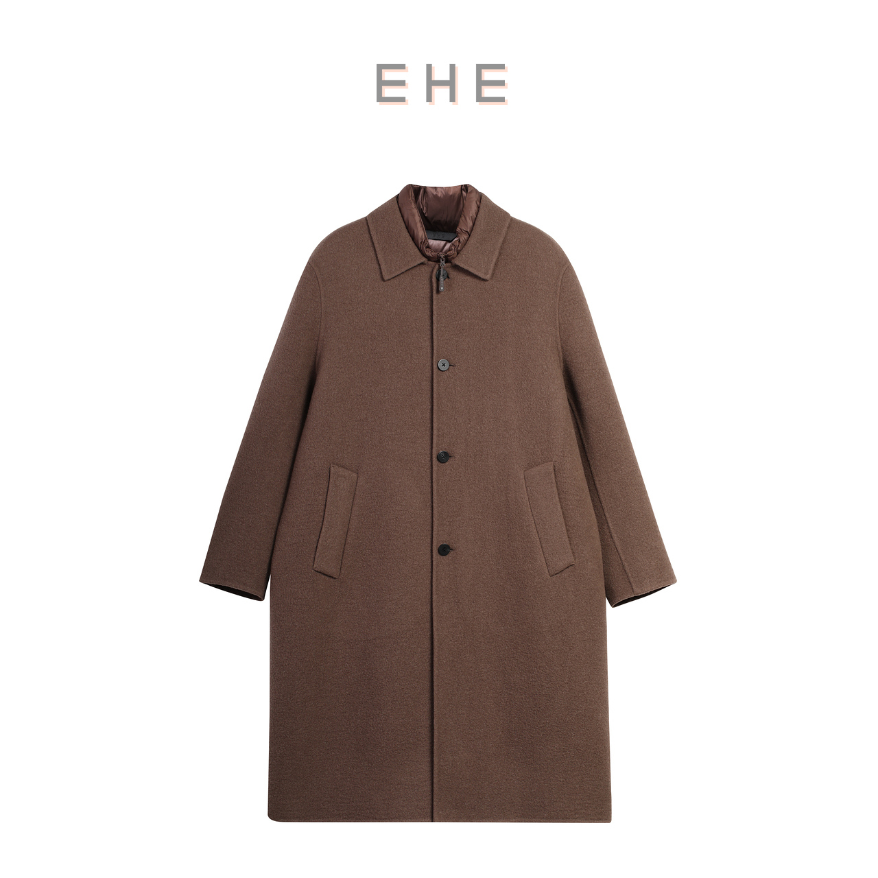 EHE男装两件套羊毛骆驼绒90%可卸羽绒马甲长款大衣男2025秋冬新款