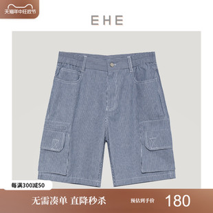夏季 新款 蓝色条纹多口袋宽松休闲工装 子 EHE男装 风短裤 男裤