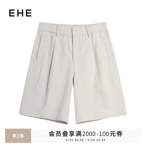 EHE男装亚麻棉色织提花肌理松紧腰宽松休闲短裤男2026夏季新款