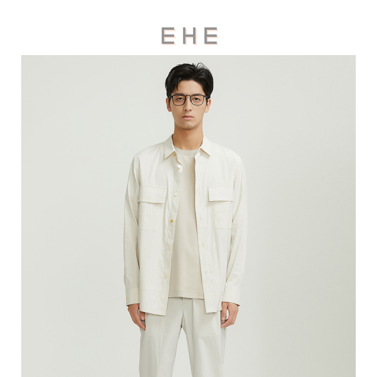 EHE男装轻薄亚麻面料米色暗条纹时尚日系长袖衬衫男衬衣春夏新款