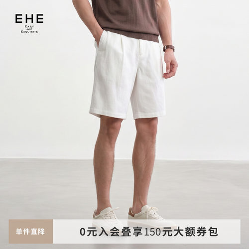 EHE男装亚麻混棉多色阔腿松紧腰百慕大宽松短裤男2026夏季新款