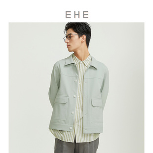 EHE男装浅绿色棉质时尚文艺工装韩系休闲翻领夹克外套男春夏新款