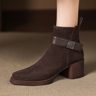 韩版 黑色棕色 皮带扣磨砂短靴女中跟粗跟真皮春秋单靴冬季 加绒大码