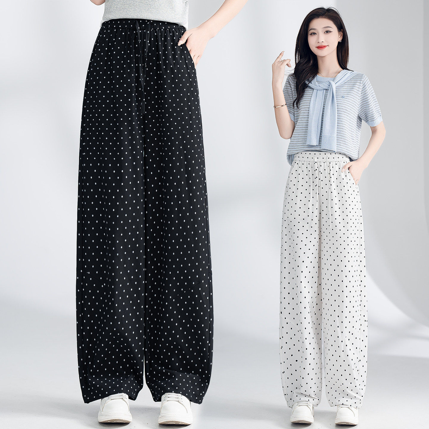 黑白波点弯刀阔腿裤女夏薄款2026新款高腰垂感冰丝宽松裤休闲裤子
