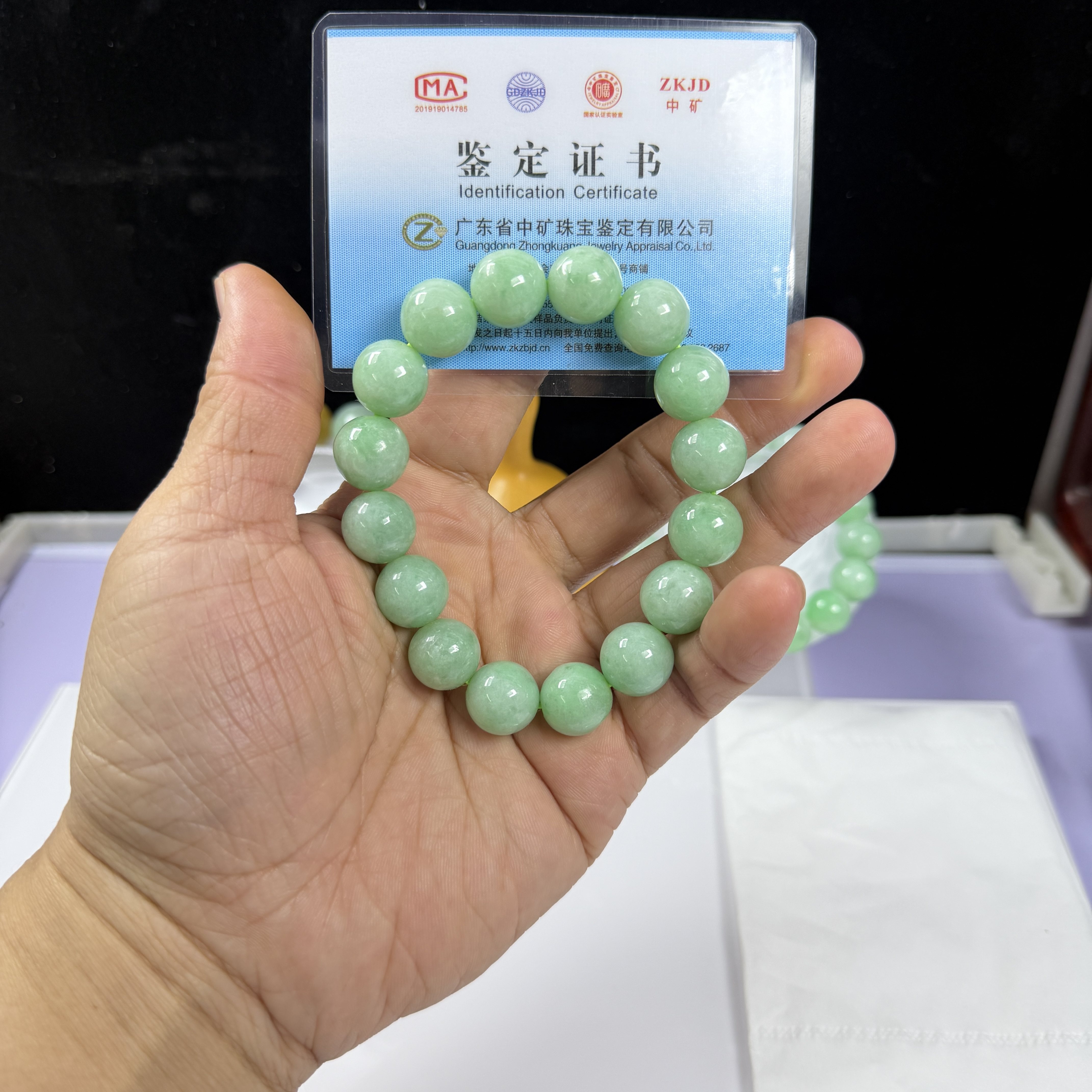 纯天然缅甸A货翡翠老坑料子冰糯种大卡14 果阳绿圆珠 手串手链